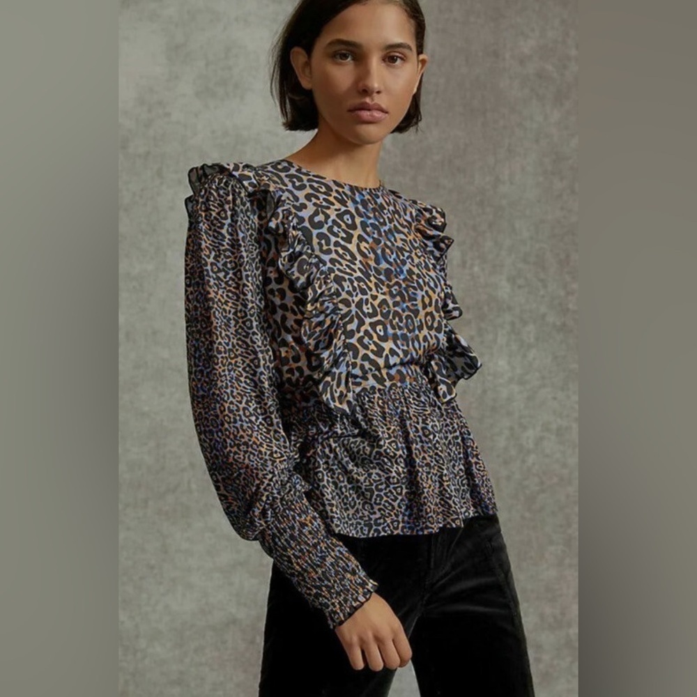 Anthropologie Bl^nk Moria Ruffle Peplum Blouse Leopard Top Sz XS